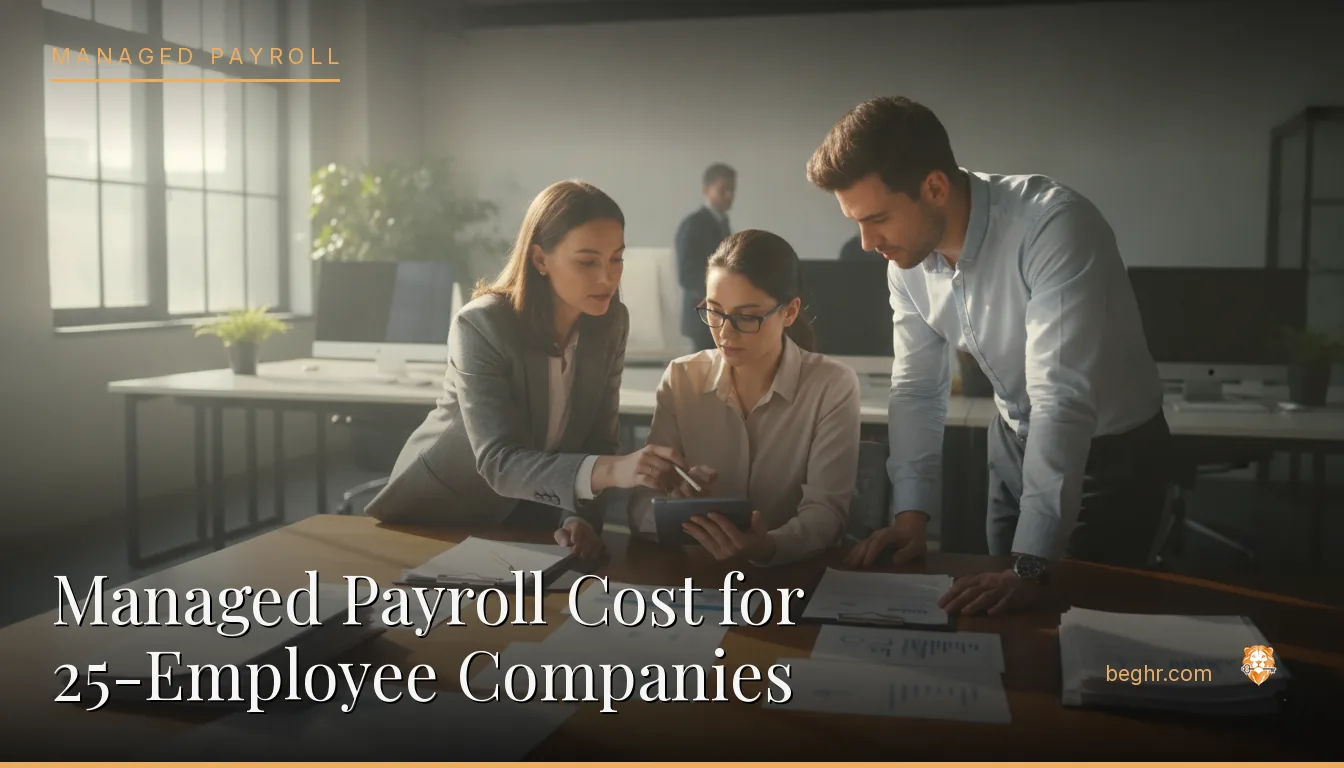 Business professionals reviewing payroll and HR documents in a bright modern office