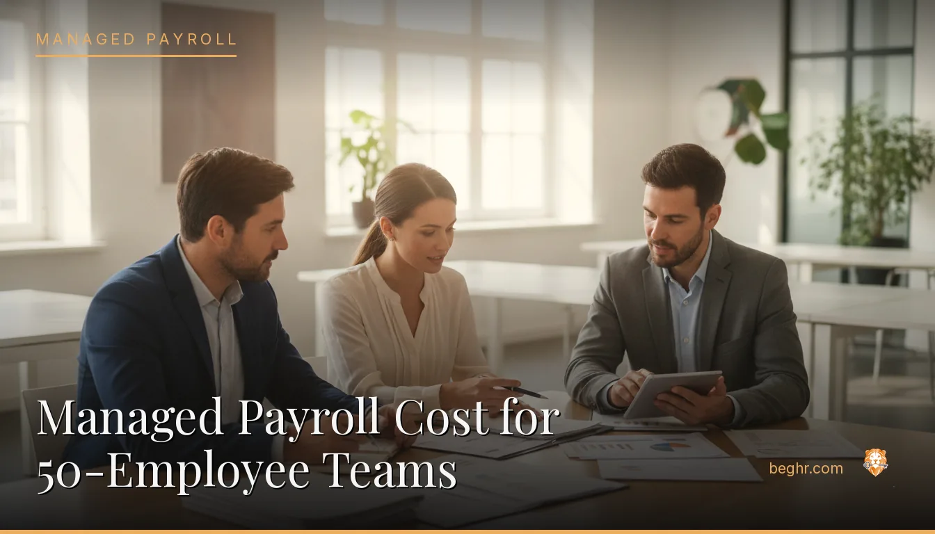 Business professionals reviewing payroll and HR documents in a bright modern office