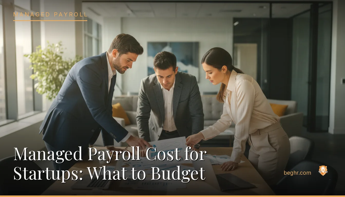 Business professionals reviewing payroll and HR documents in a bright modern office