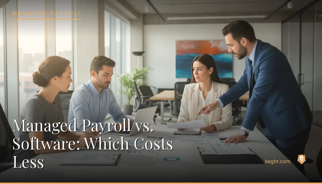 Business professionals reviewing payroll and HR documents in a bright modern office