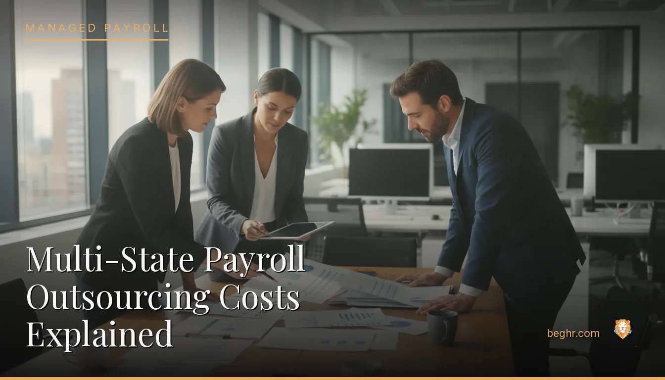 Business professionals reviewing payroll and HR documents in a bright modern office