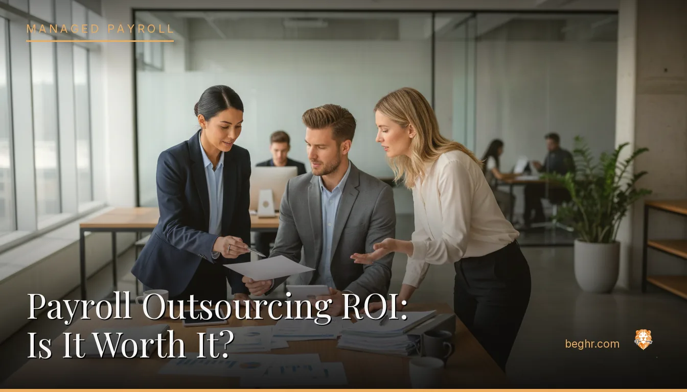 Business professionals reviewing payroll and HR documents in a bright modern office
