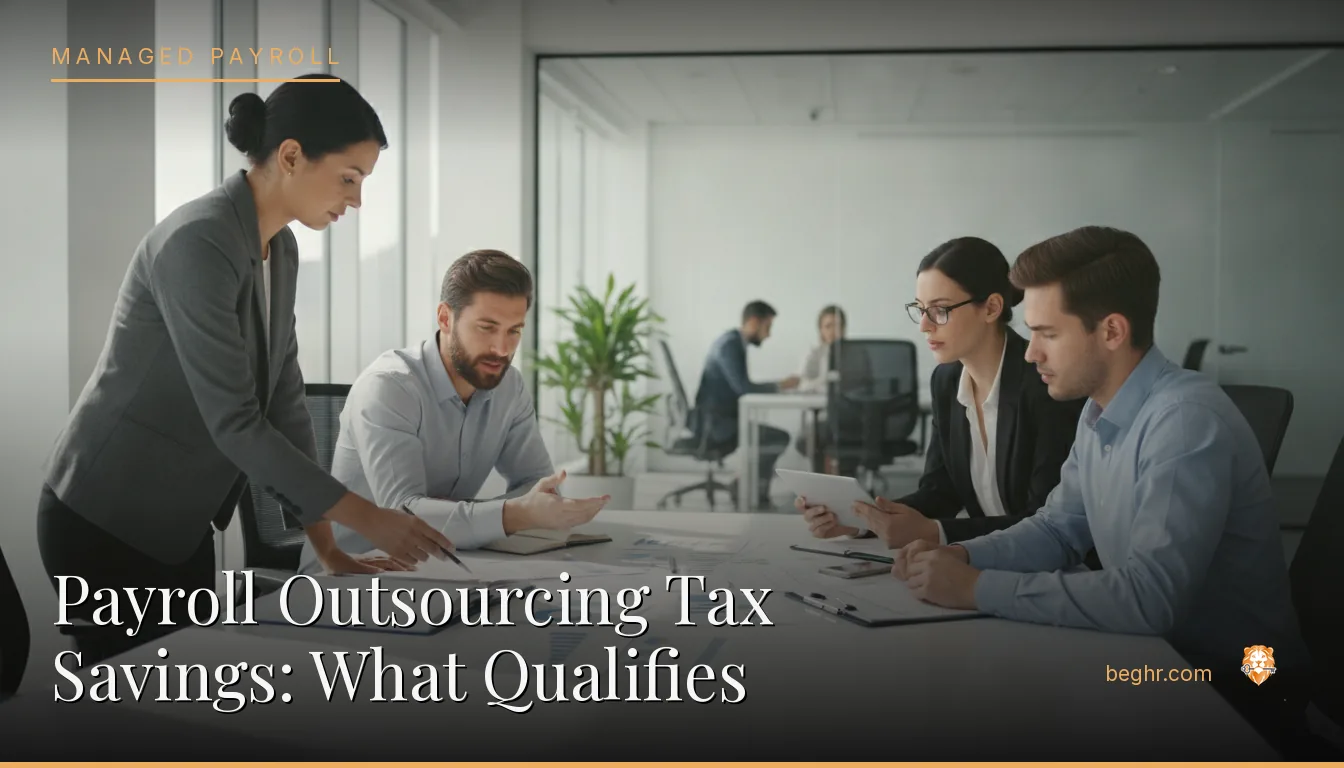 Business professionals reviewing payroll and HR documents in a bright modern office