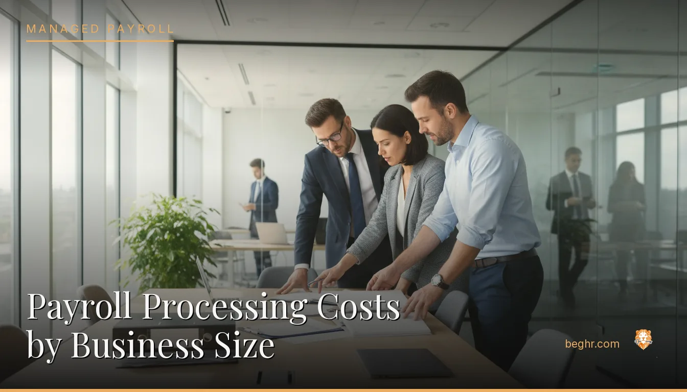 Business professionals reviewing payroll and HR documents in a bright modern office