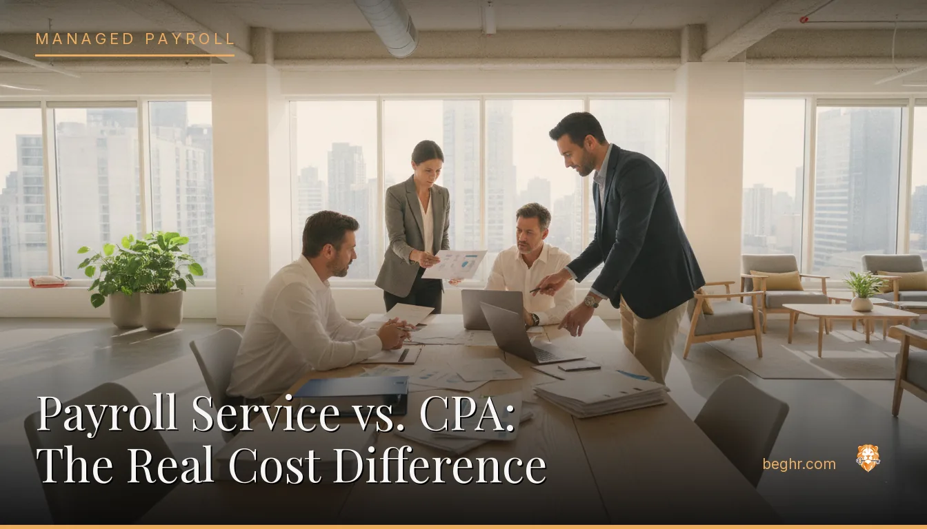 Business professionals reviewing payroll and HR documents in a bright modern office