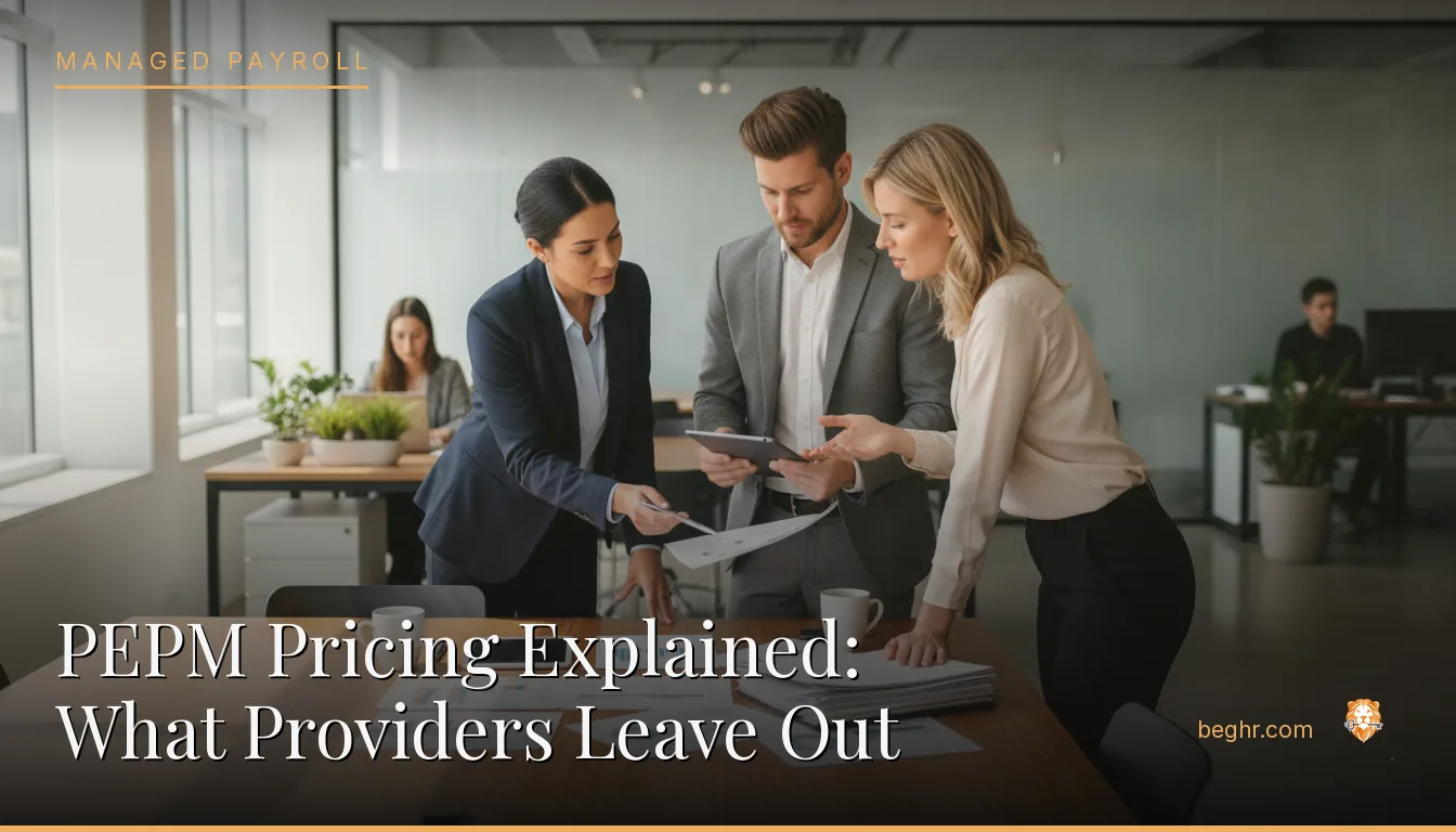 Business professionals reviewing payroll and HR documents in a bright modern office