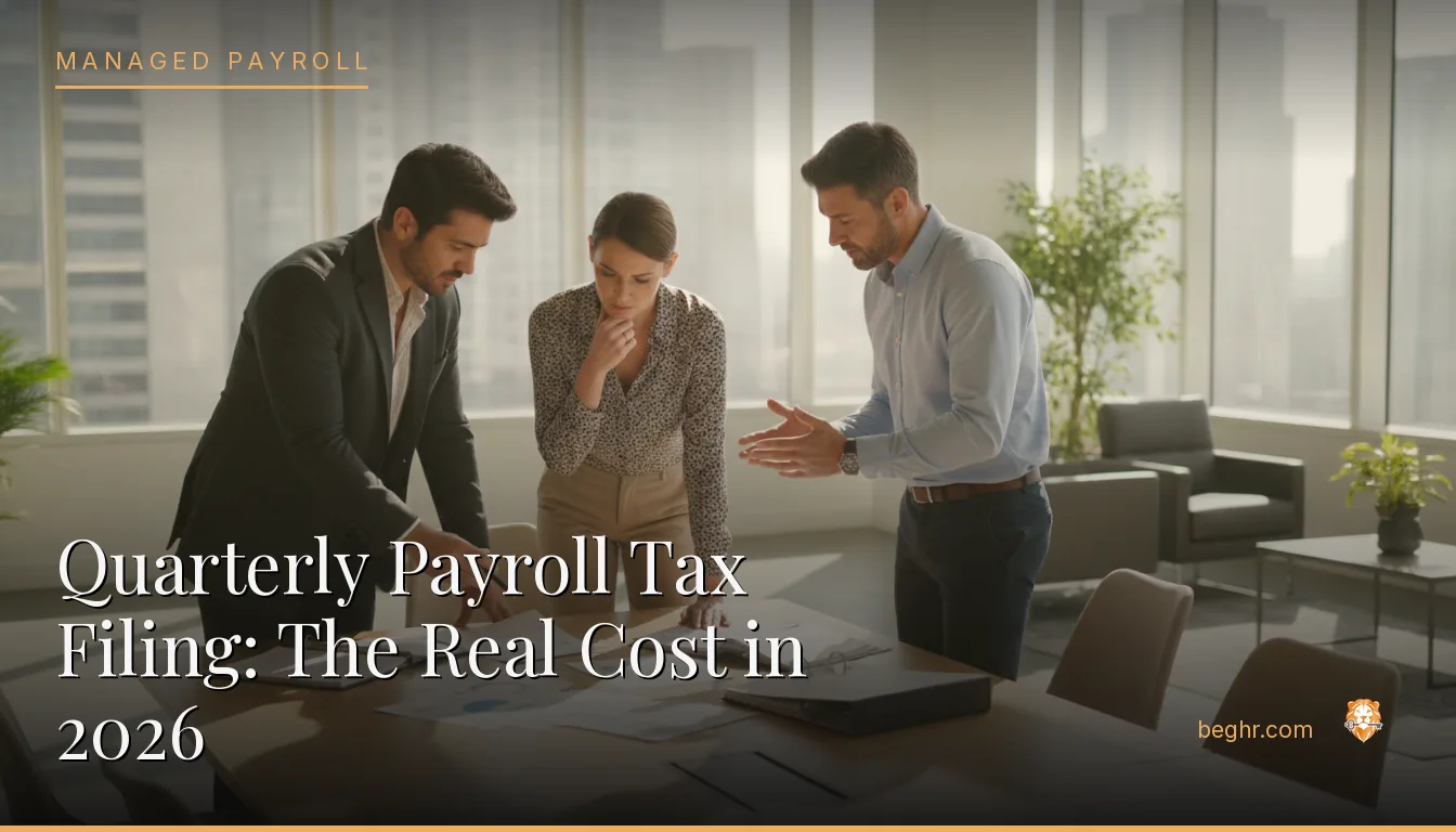 Business professionals reviewing payroll and HR documents in a bright modern office