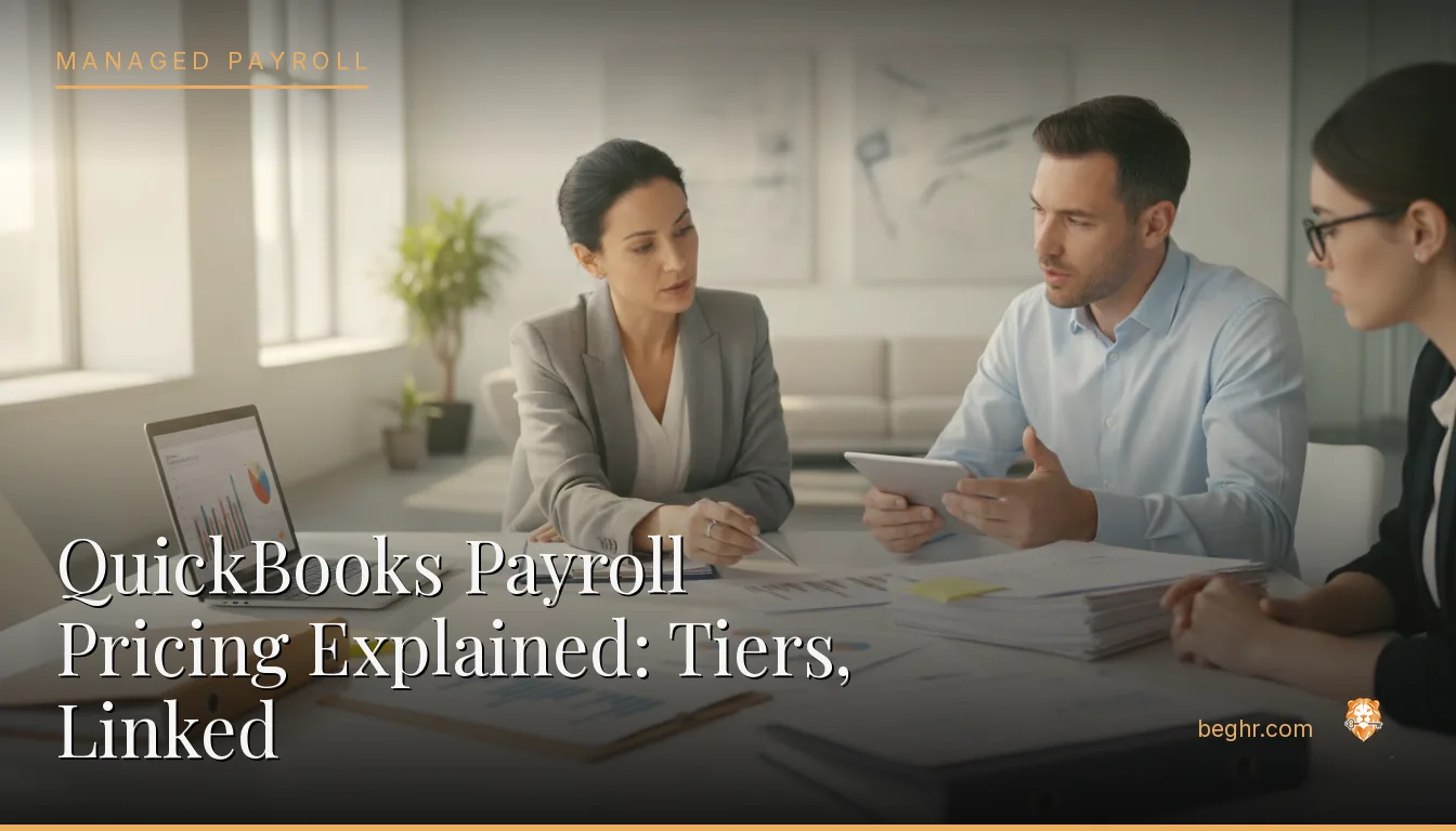 Business professionals reviewing payroll and HR documents in a bright modern office