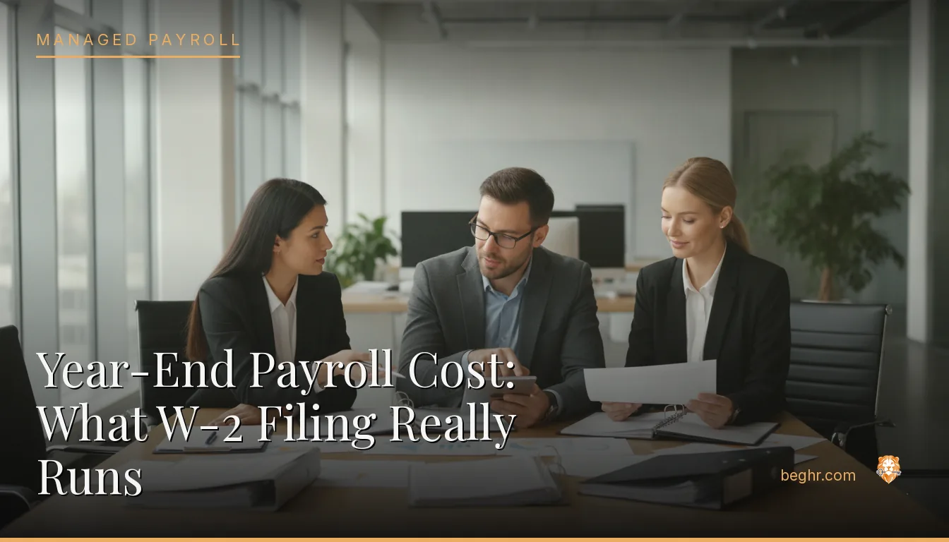 Business professionals reviewing payroll and HR documents in a bright modern office