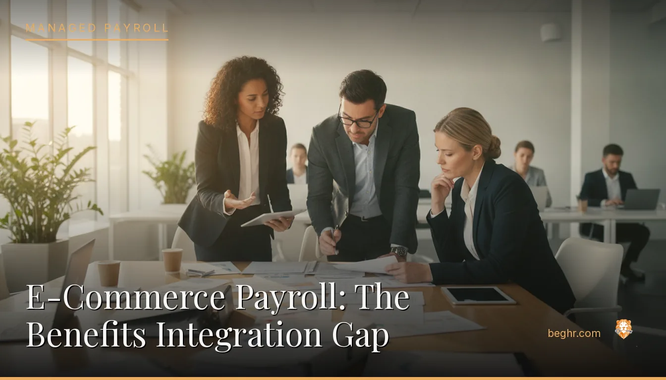 Business professionals reviewing payroll and HR documents in a bright modern office