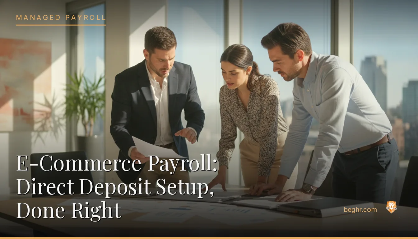 Business professionals reviewing payroll and HR documents in a bright modern office