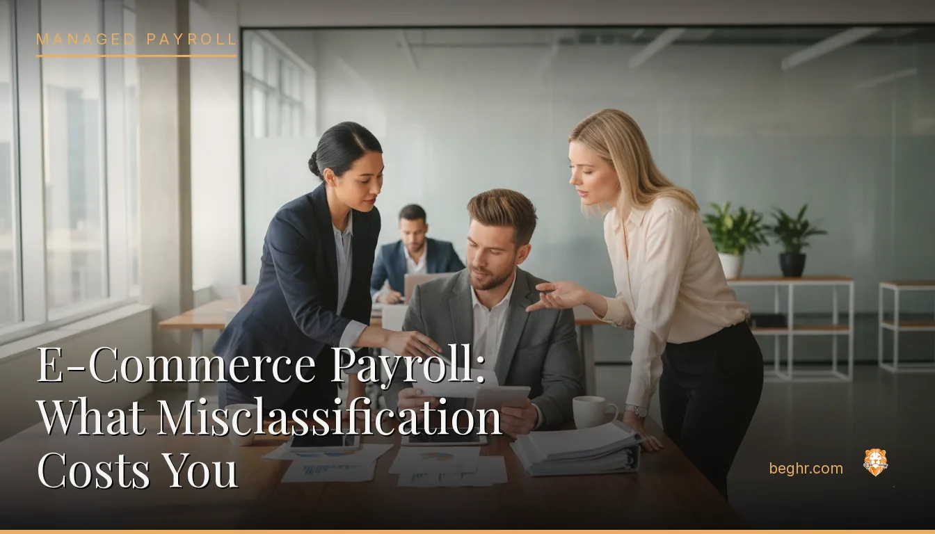 Business professionals reviewing payroll and HR documents in a bright modern office