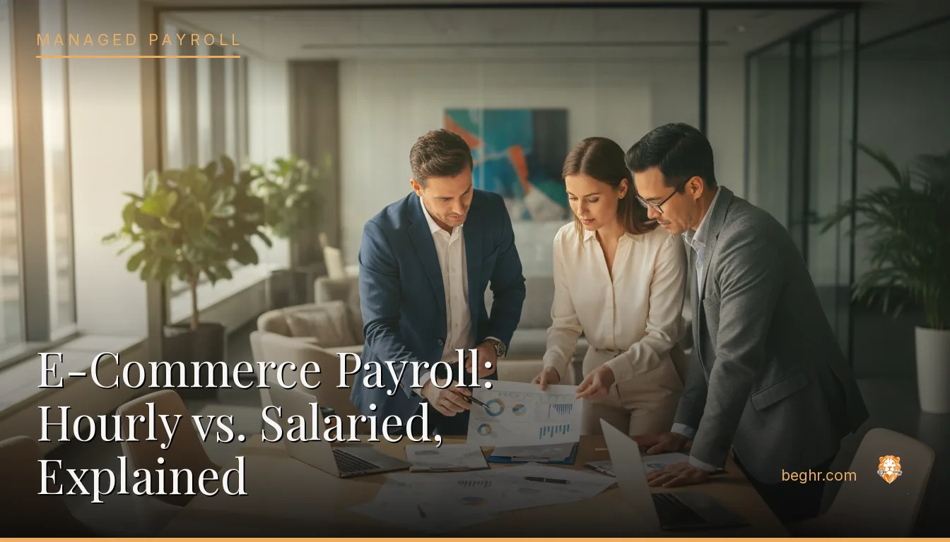 Business professionals reviewing payroll and HR documents in a bright modern office
