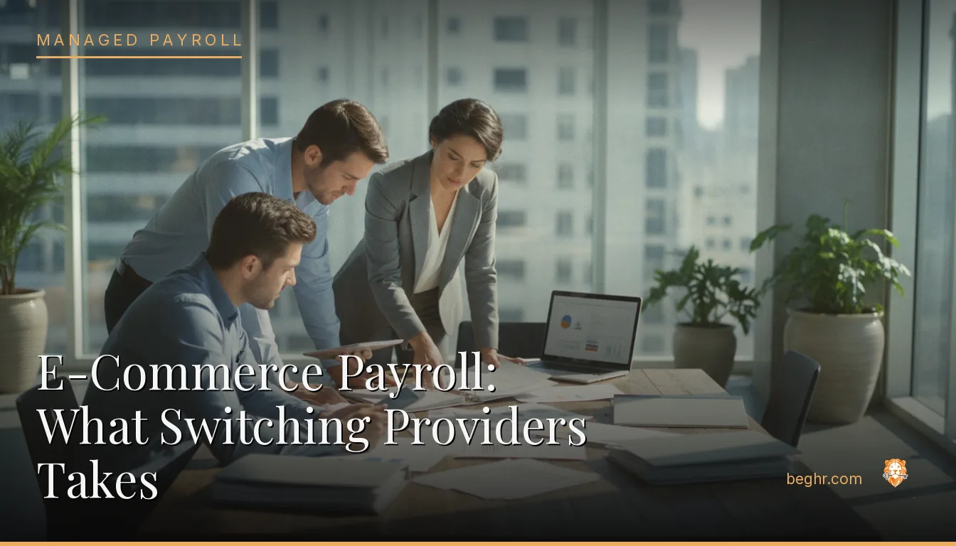 Business professionals reviewing payroll and HR documents in a bright modern office