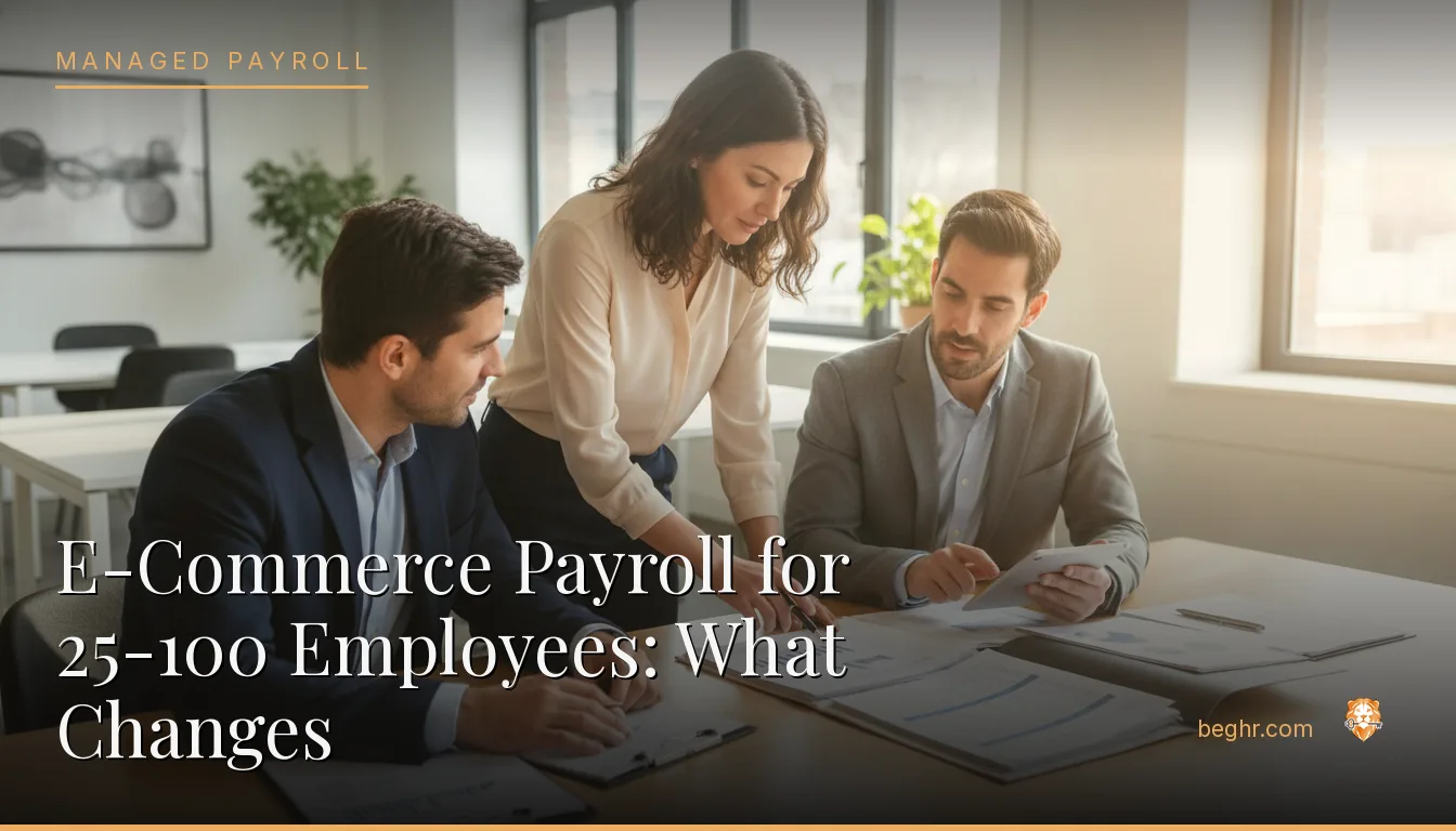 Business professionals reviewing payroll and HR documents in a bright modern office