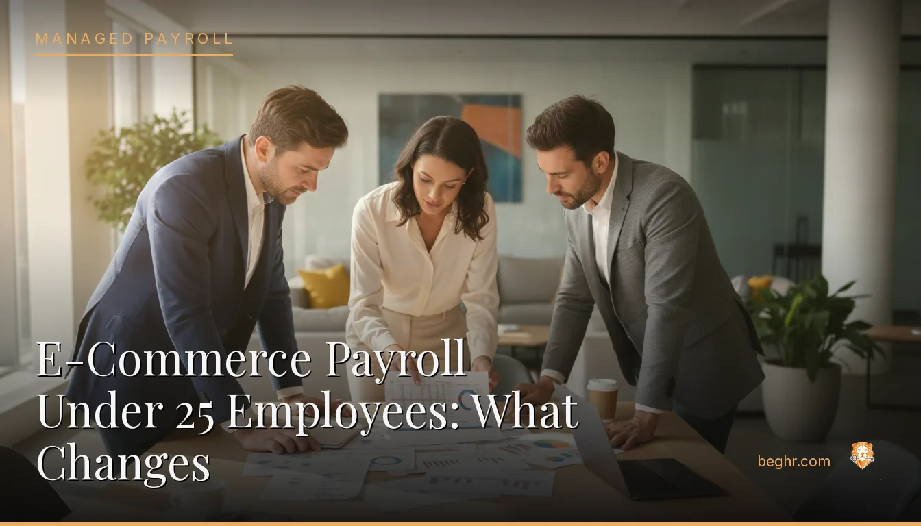 Business professionals reviewing payroll and HR documents in a bright modern office