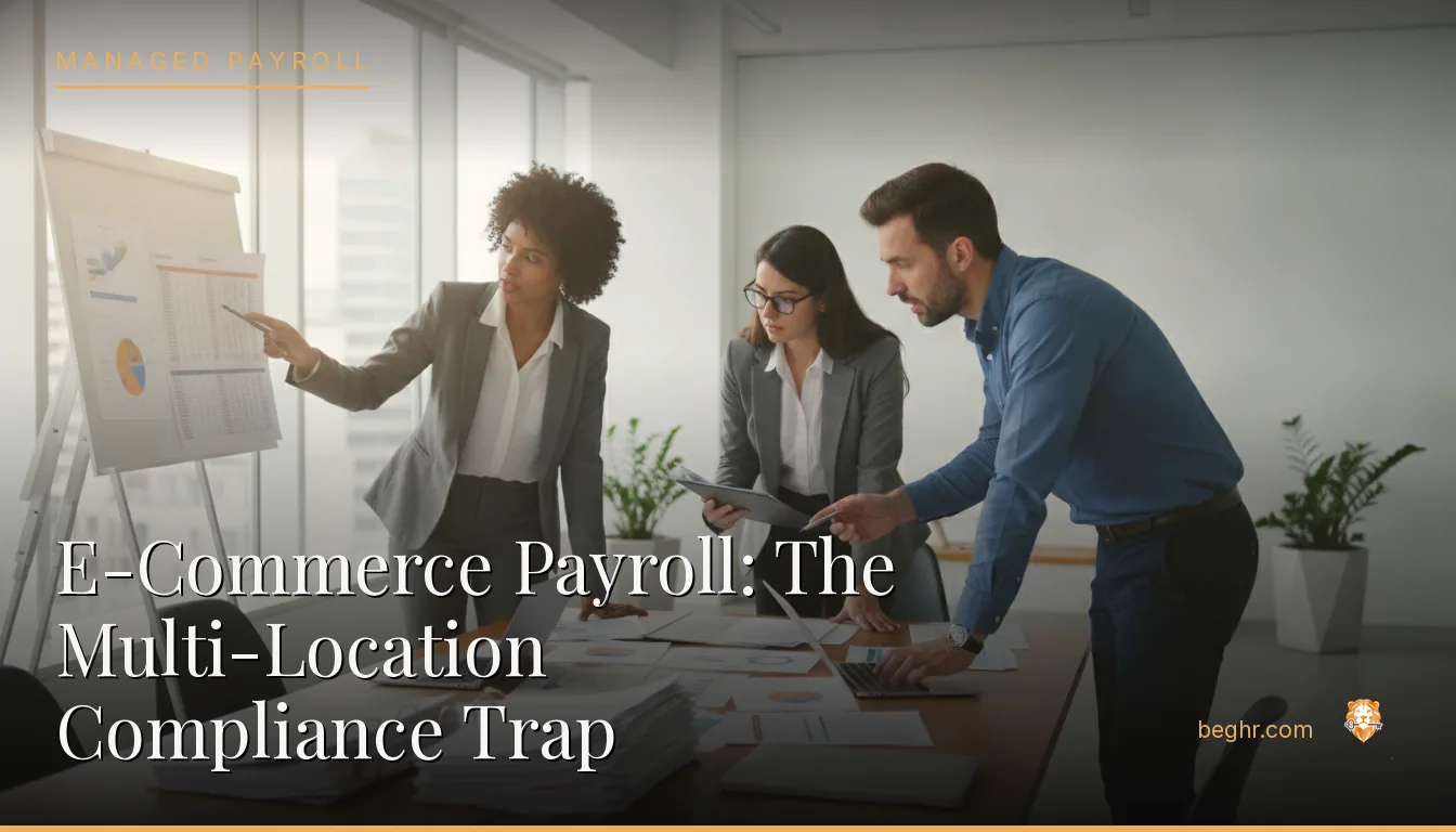 Business professionals reviewing payroll and HR documents in a bright modern office