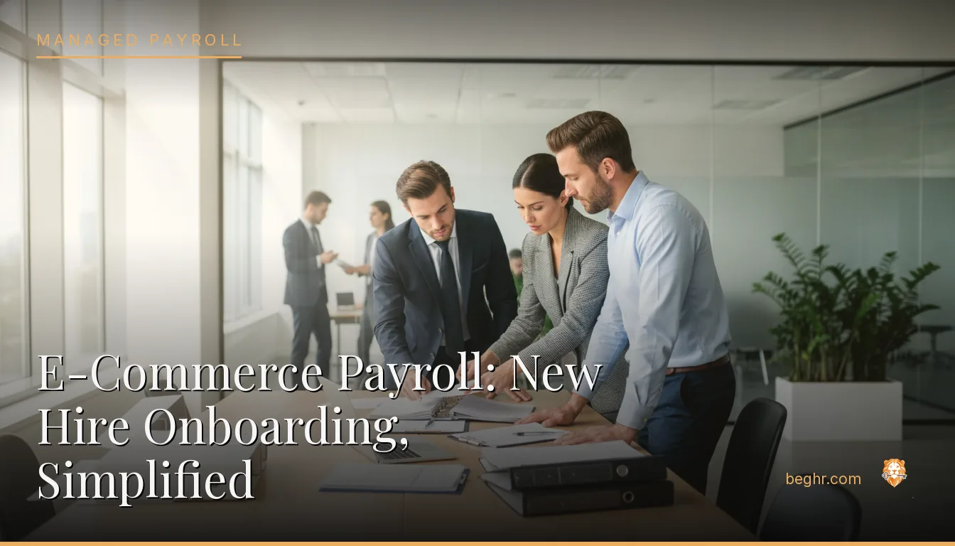 Business professionals reviewing payroll and HR documents in a bright modern office