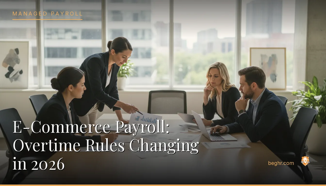 Business professionals reviewing payroll and HR documents in a bright modern office