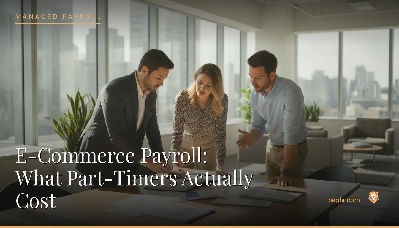 Business professionals reviewing payroll and HR documents in a bright modern office