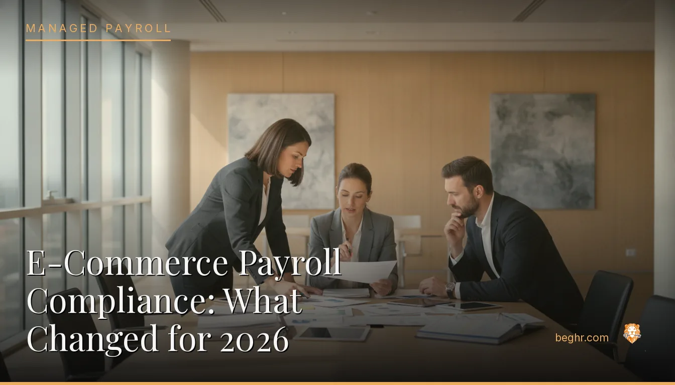 Business professionals reviewing payroll and HR documents in a bright modern office
