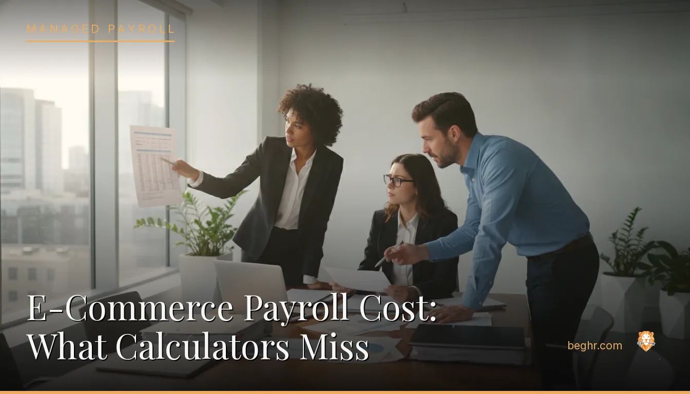 Business professionals reviewing payroll and HR documents in a bright modern office