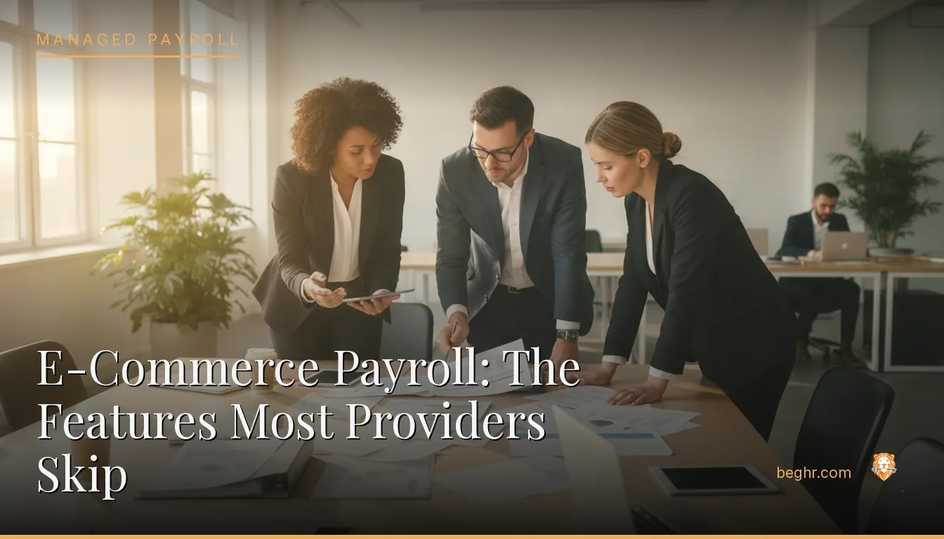 Business professionals reviewing payroll and HR documents in a bright modern office