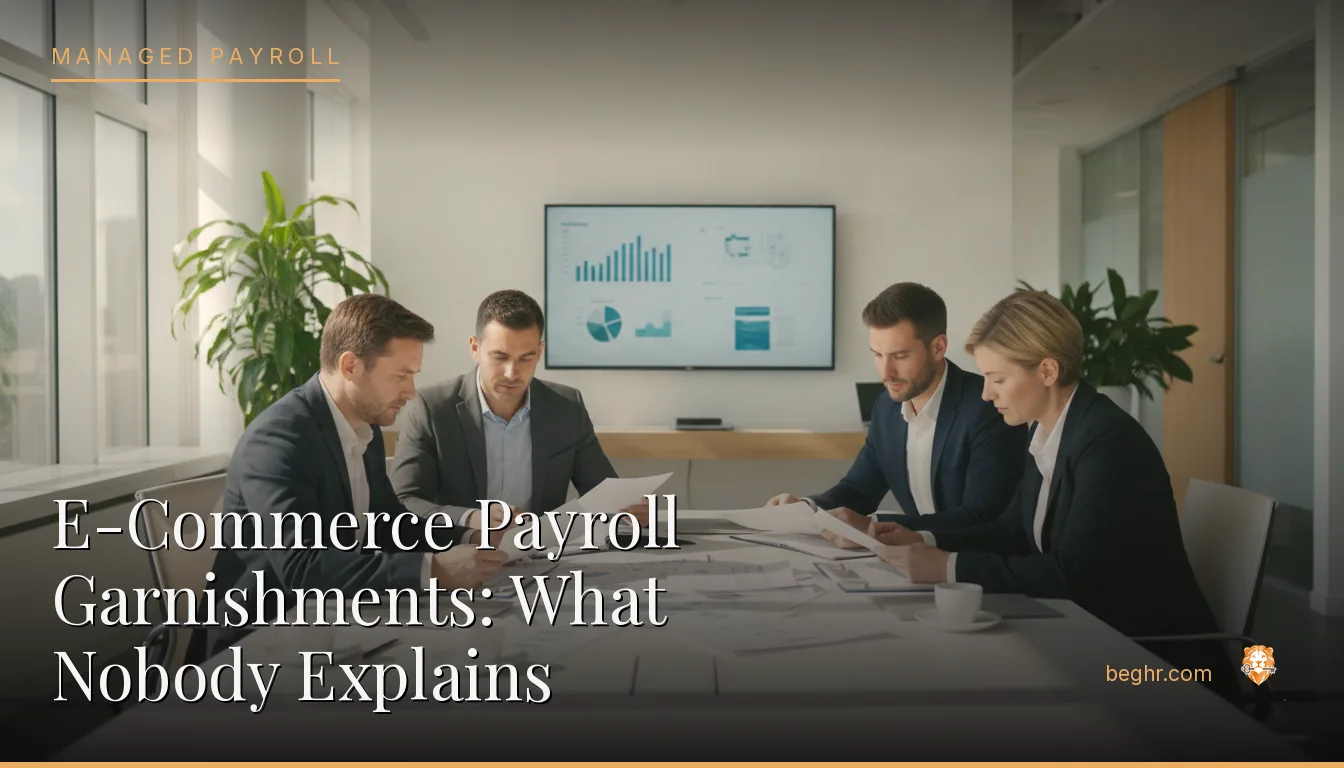 Business professionals reviewing payroll and HR documents in a bright modern office