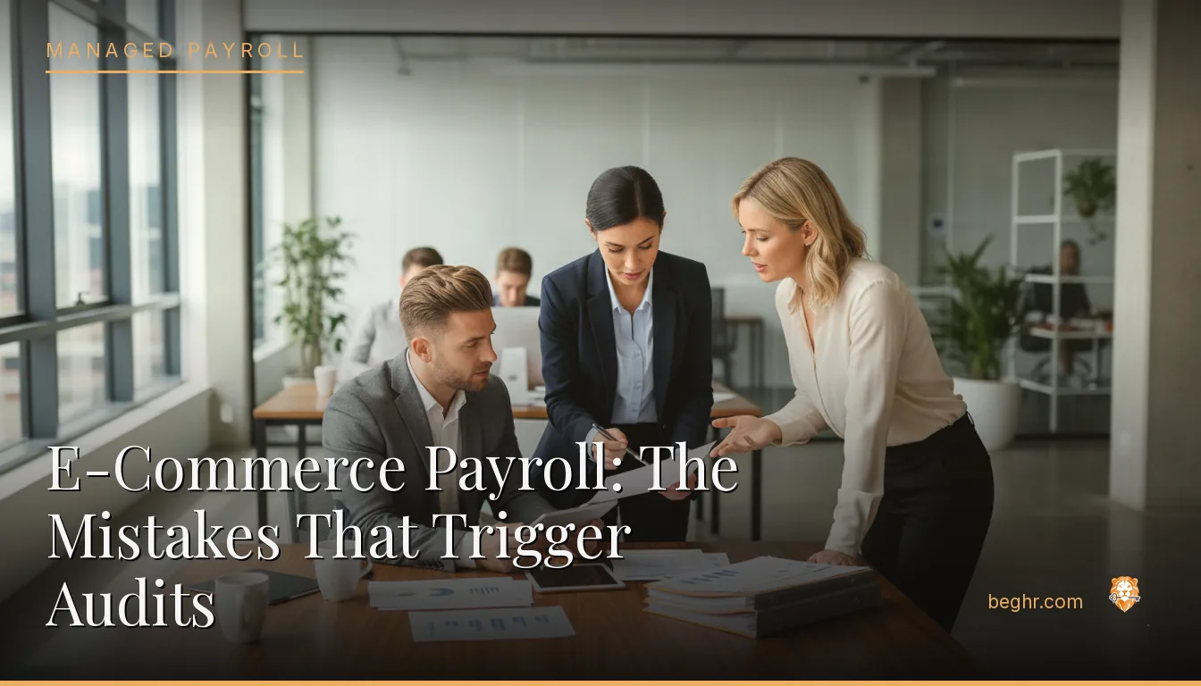 Business professionals reviewing payroll and HR documents in a bright modern office