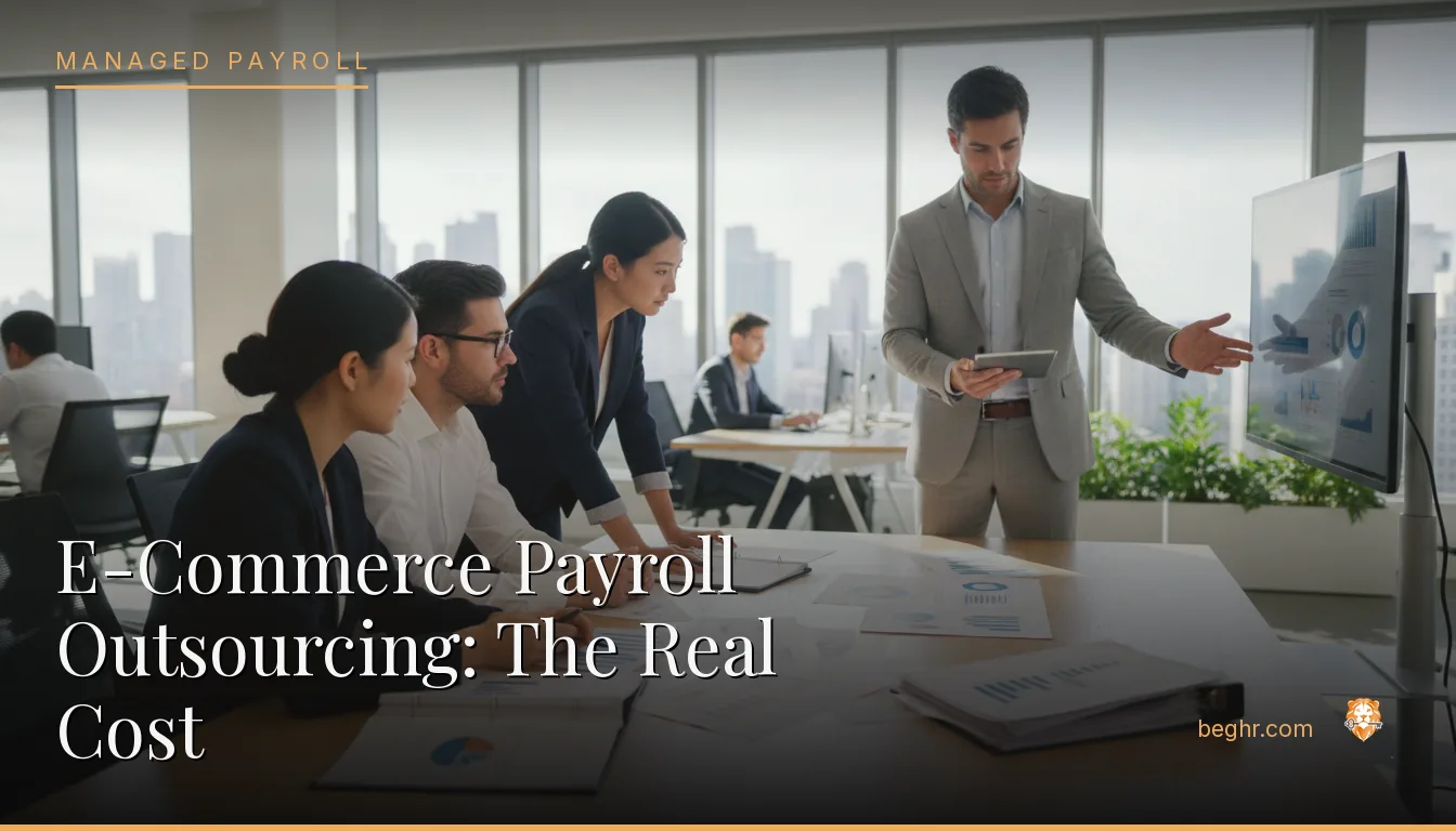 Business professionals reviewing payroll and HR documents in a bright modern office