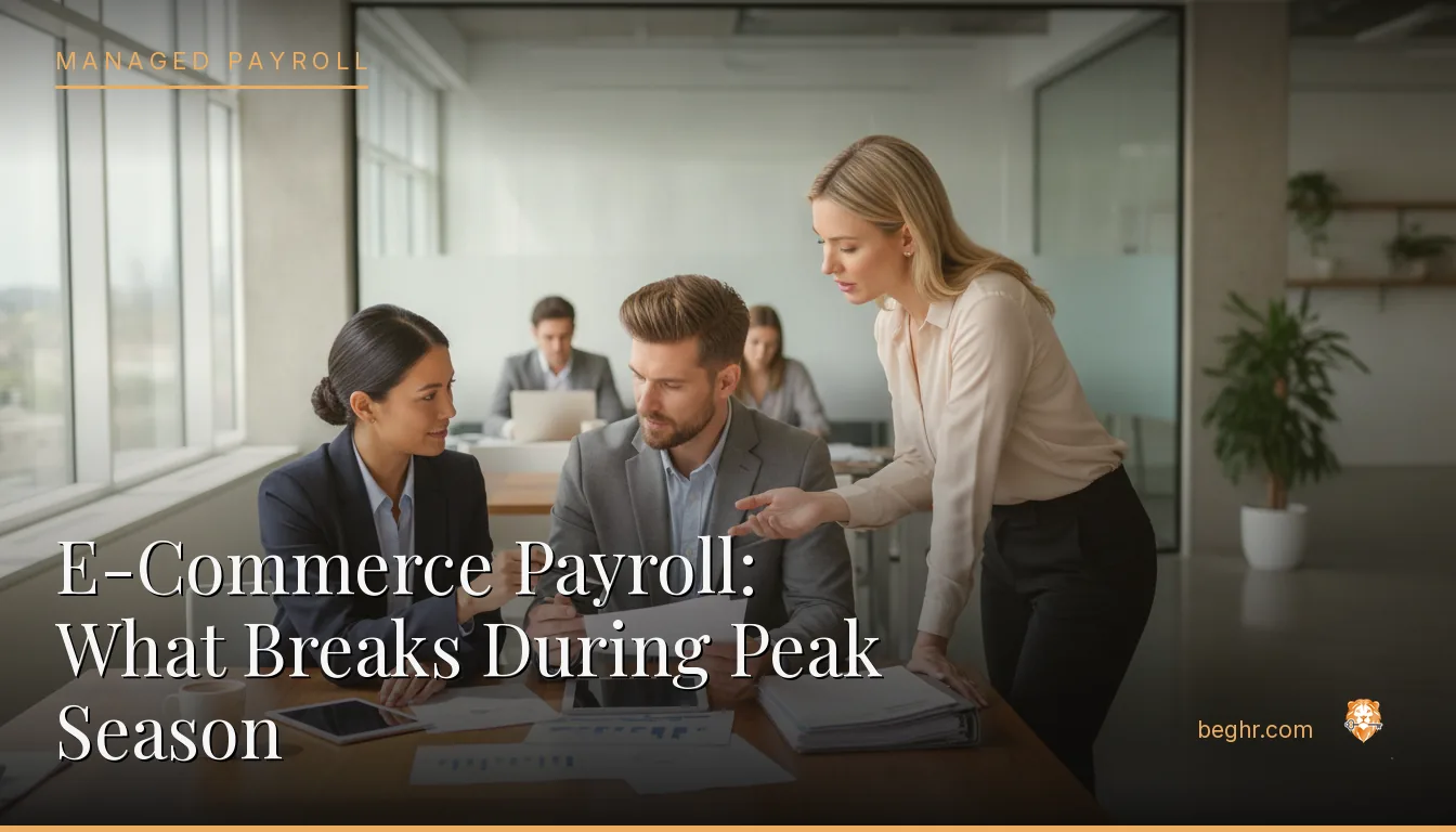 Business professionals reviewing payroll and HR documents in a bright modern office