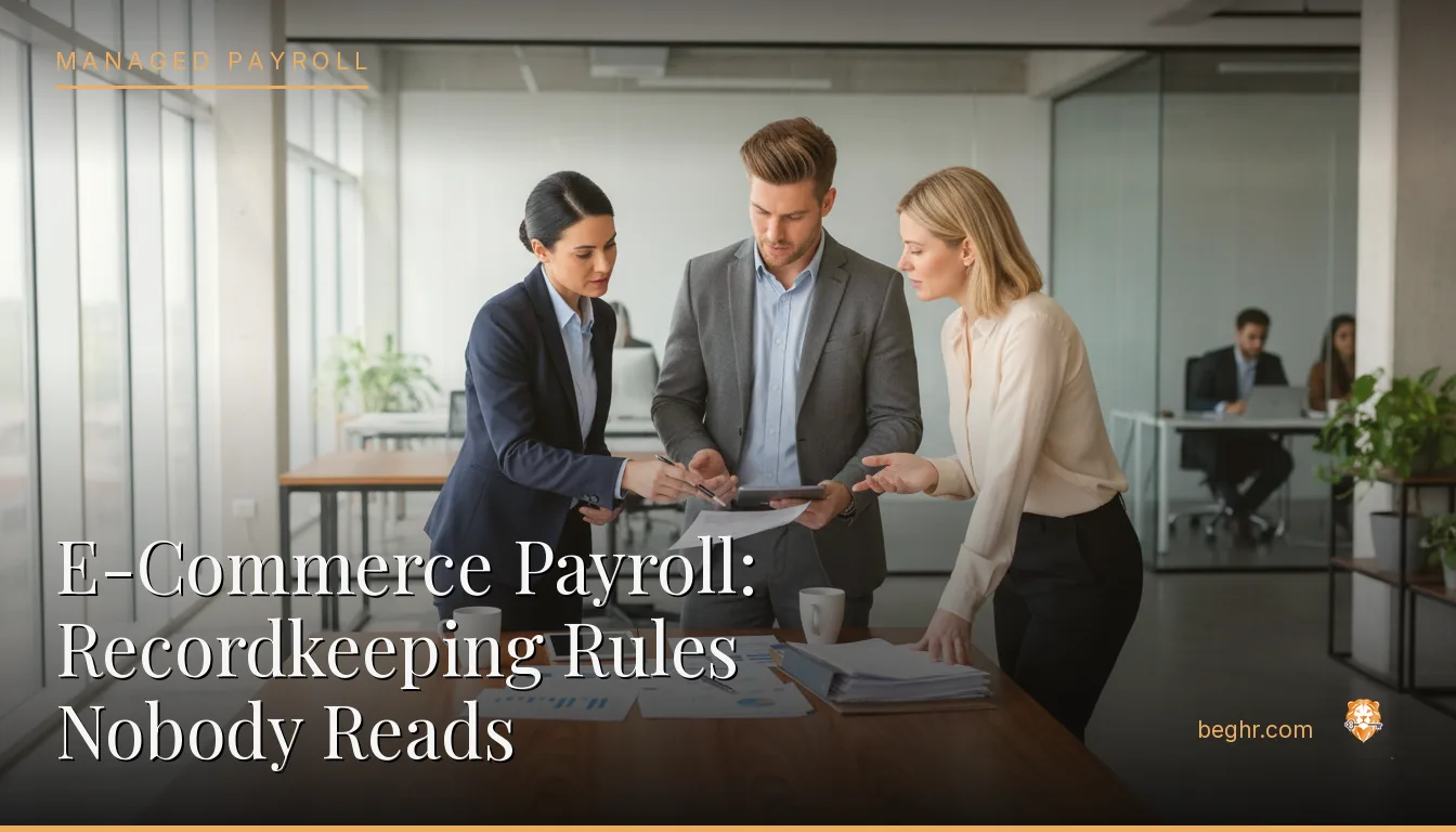 Business professionals reviewing payroll and HR documents in a bright modern office