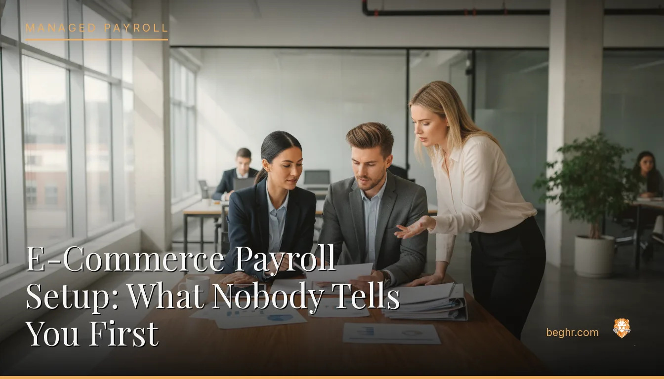 Business professionals reviewing payroll and HR documents in a bright modern office