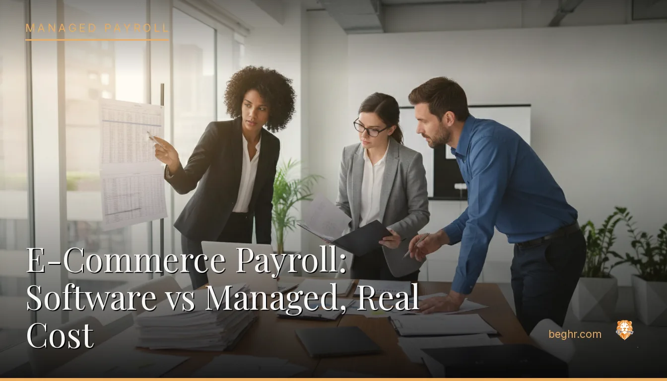 Business professionals reviewing payroll and HR documents in a bright modern office