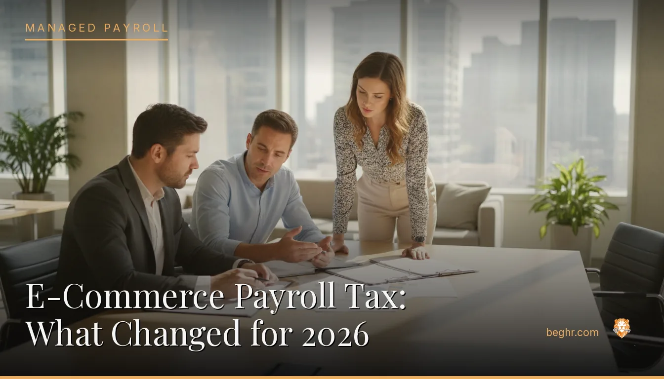 Business professionals reviewing payroll and HR documents in a bright modern office