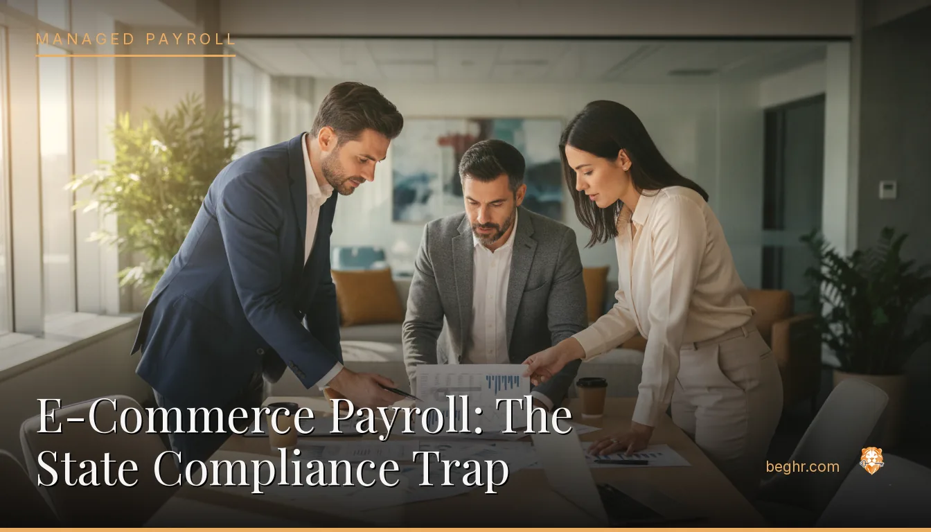 Business professionals reviewing payroll and HR documents in a bright modern office