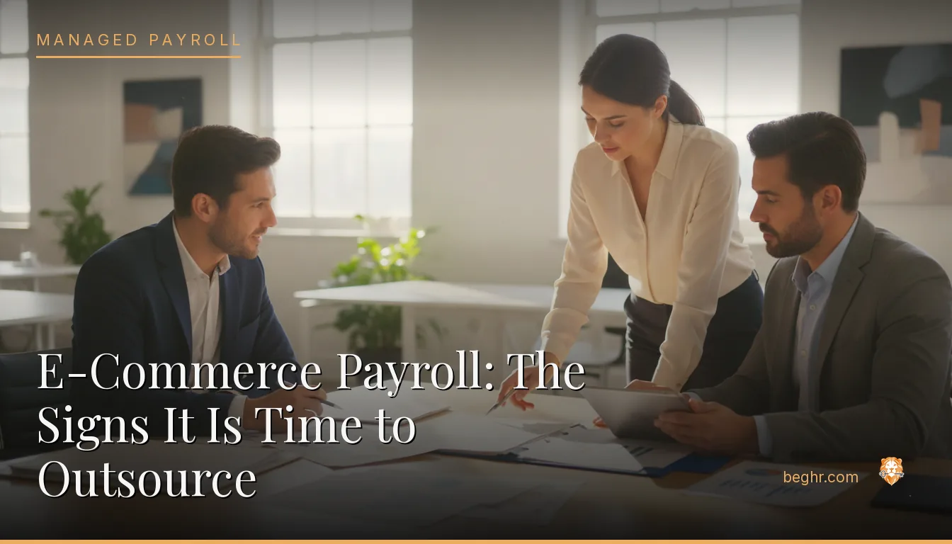 Business professionals reviewing payroll and HR documents in a bright modern office
