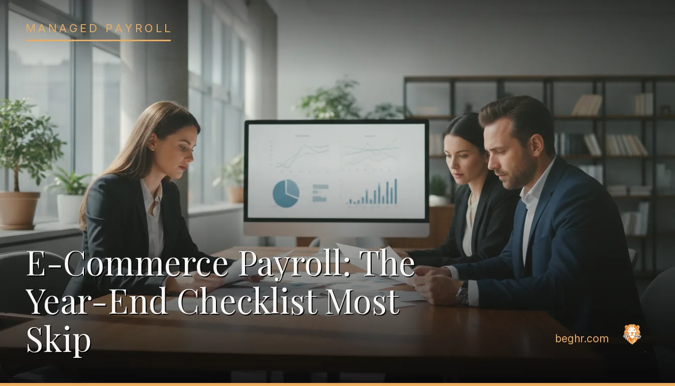 Business professionals reviewing payroll and HR documents in a bright modern office
