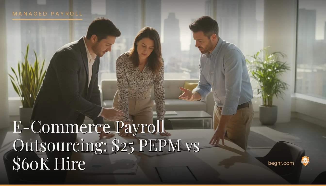 Business professionals reviewing payroll and HR documents in a bright modern office