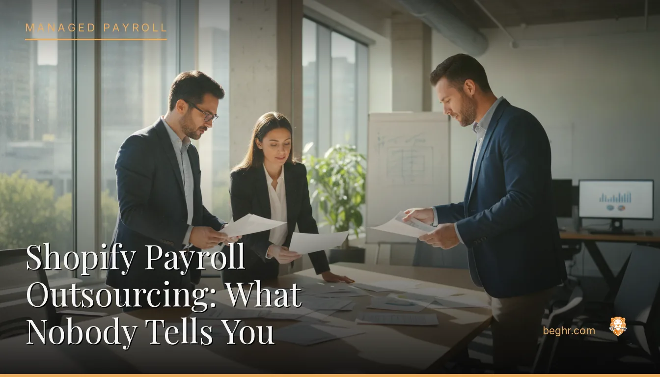 Business professionals reviewing payroll and HR documents in a bright modern office