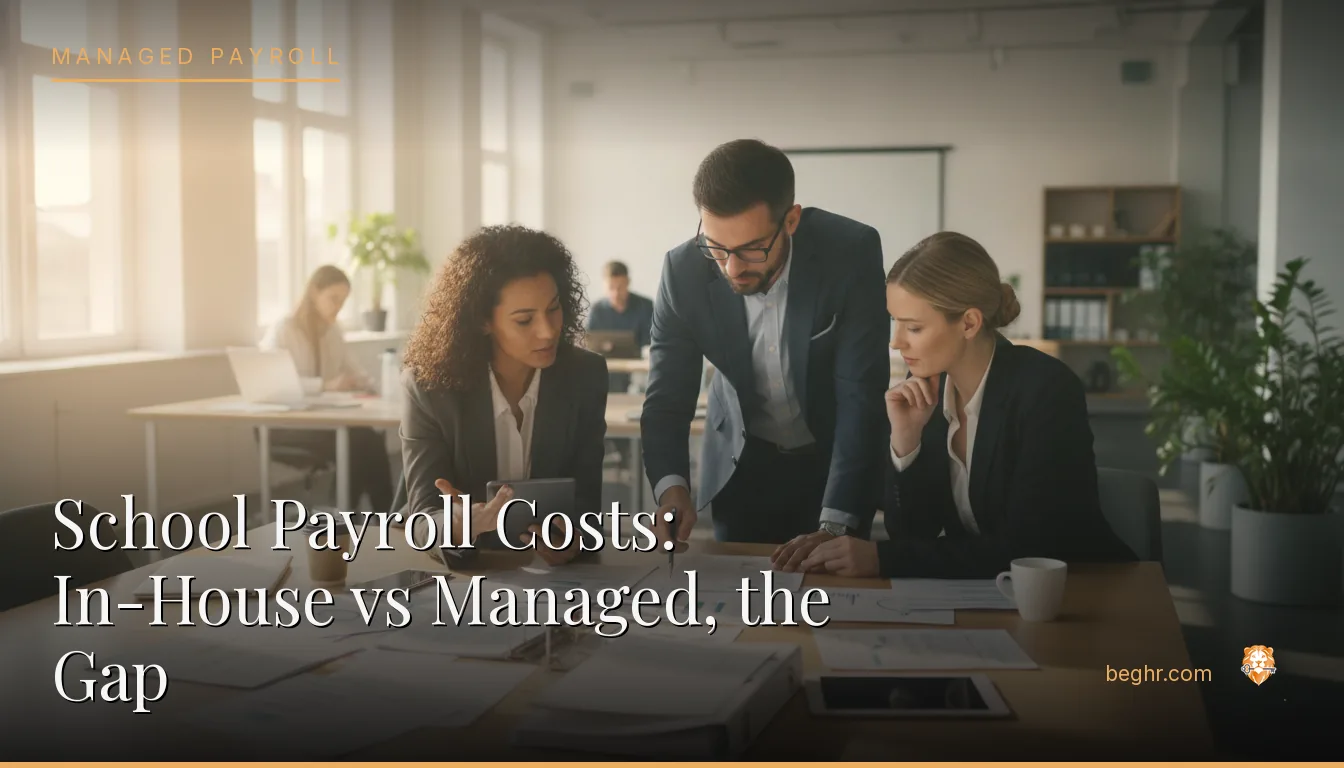 Business professionals reviewing payroll and HR documents in a bright modern office