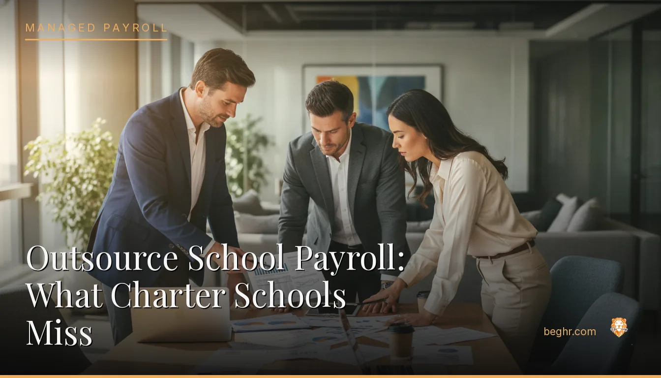 Business professionals reviewing payroll and HR documents in a bright modern office