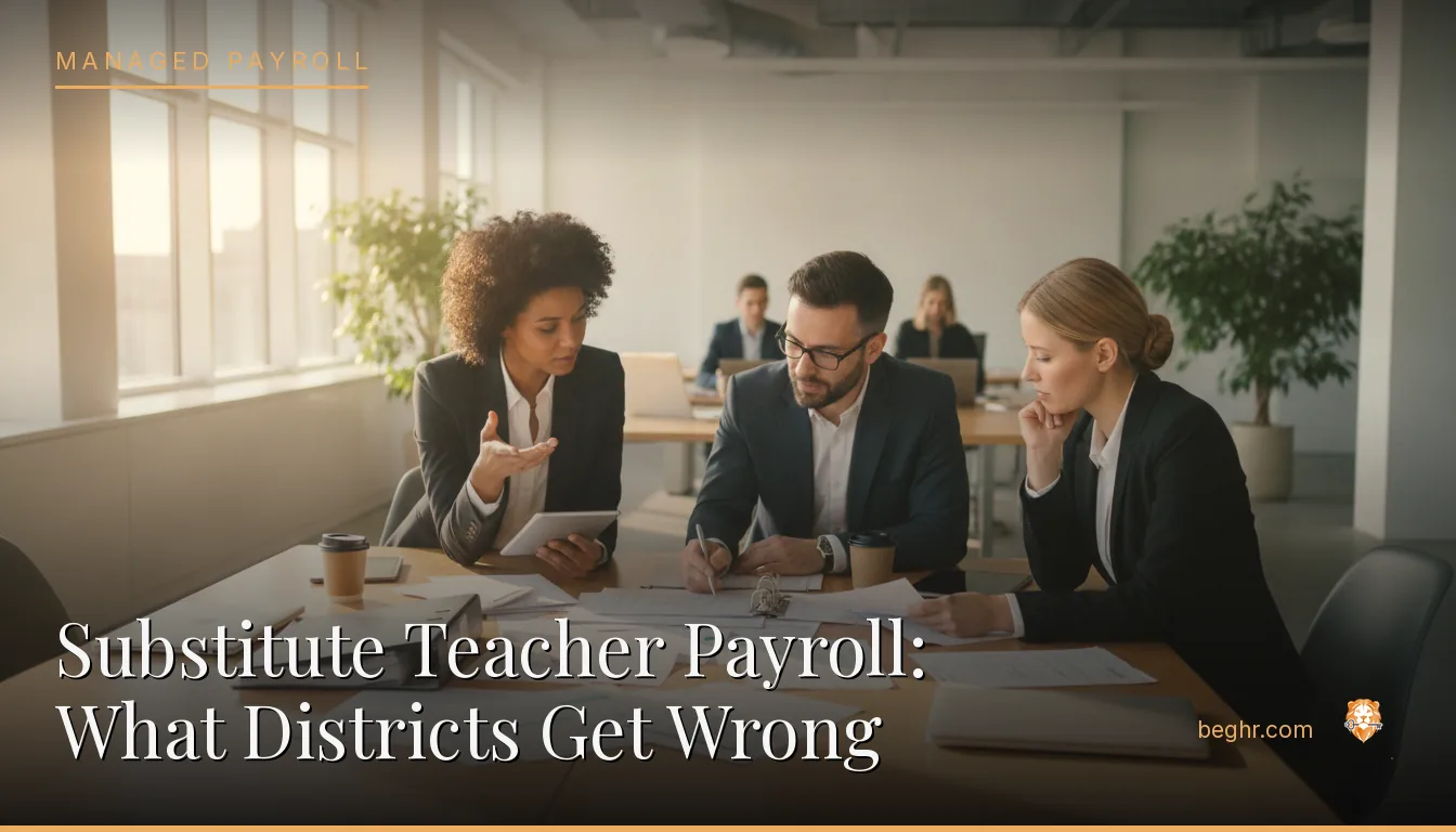 Business professionals reviewing payroll and HR documents in a bright modern office