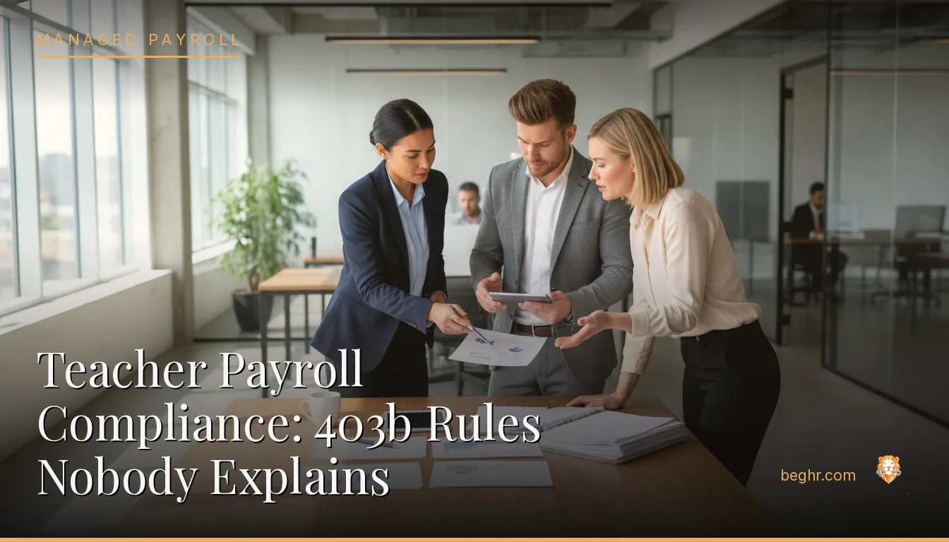 Business professionals reviewing payroll and HR documents in a bright modern office