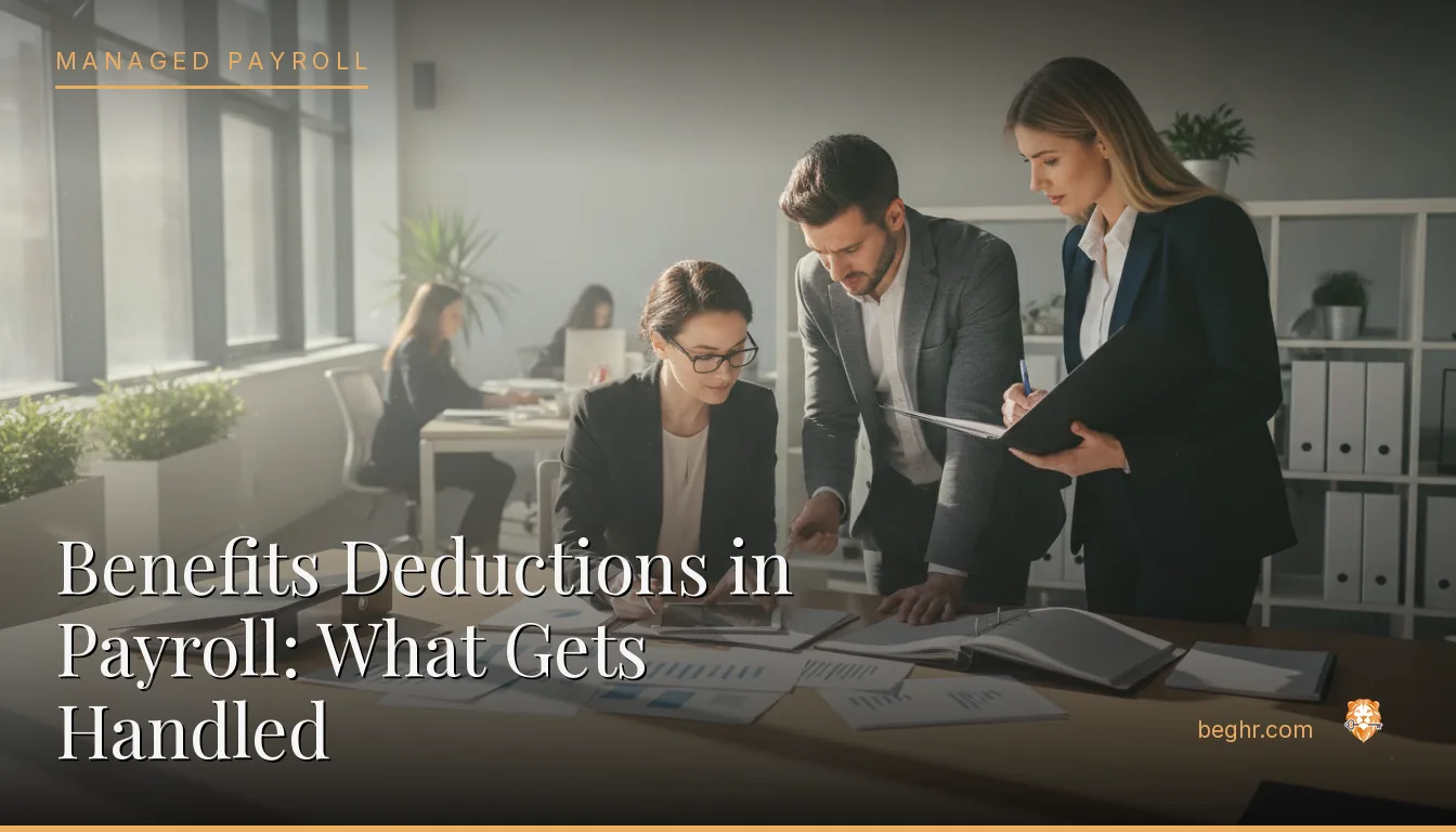 Business professionals reviewing payroll and HR documents in a bright modern office