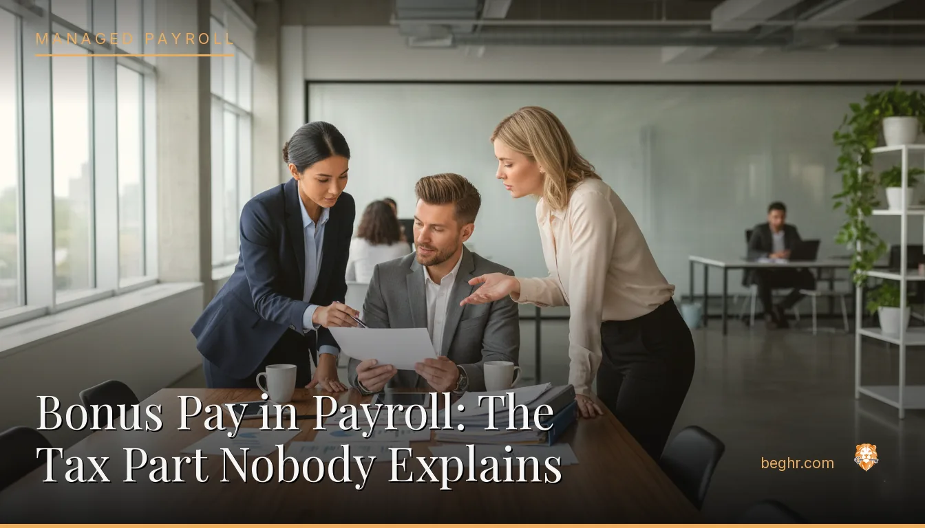 Business professionals reviewing payroll and HR documents in a bright modern office
