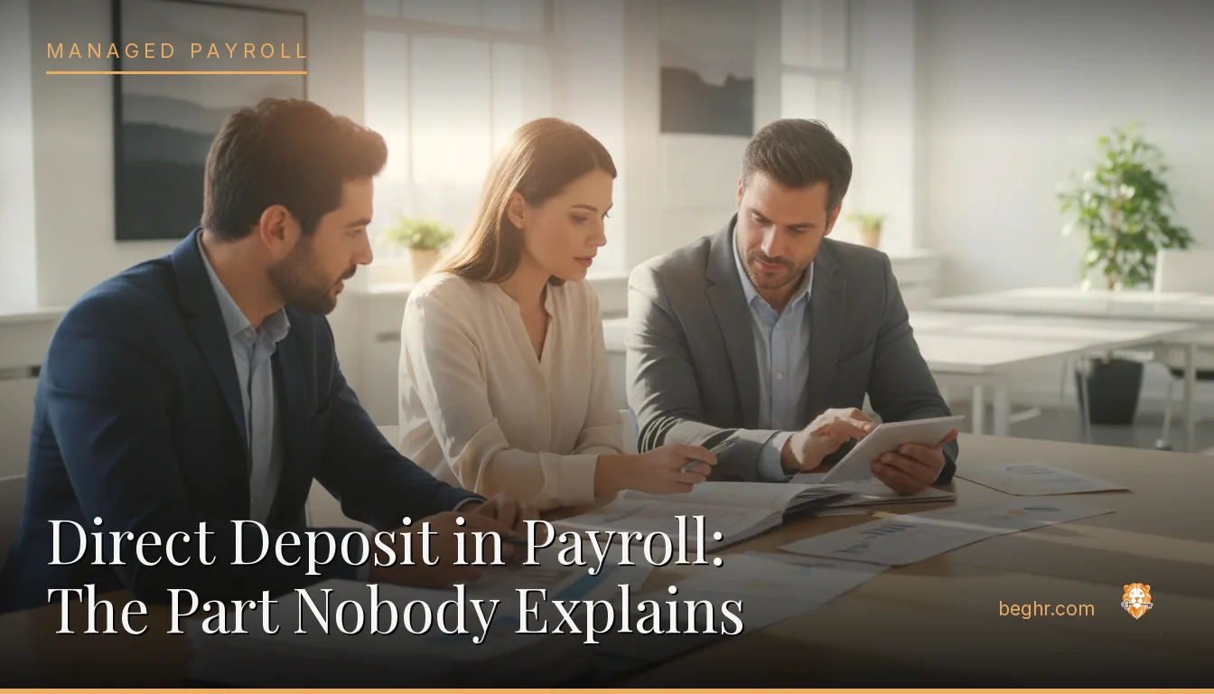 Business professionals reviewing payroll and HR documents in a bright modern office