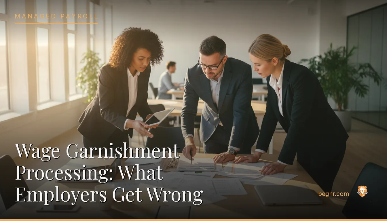 Business professionals reviewing payroll and HR documents in a bright modern office