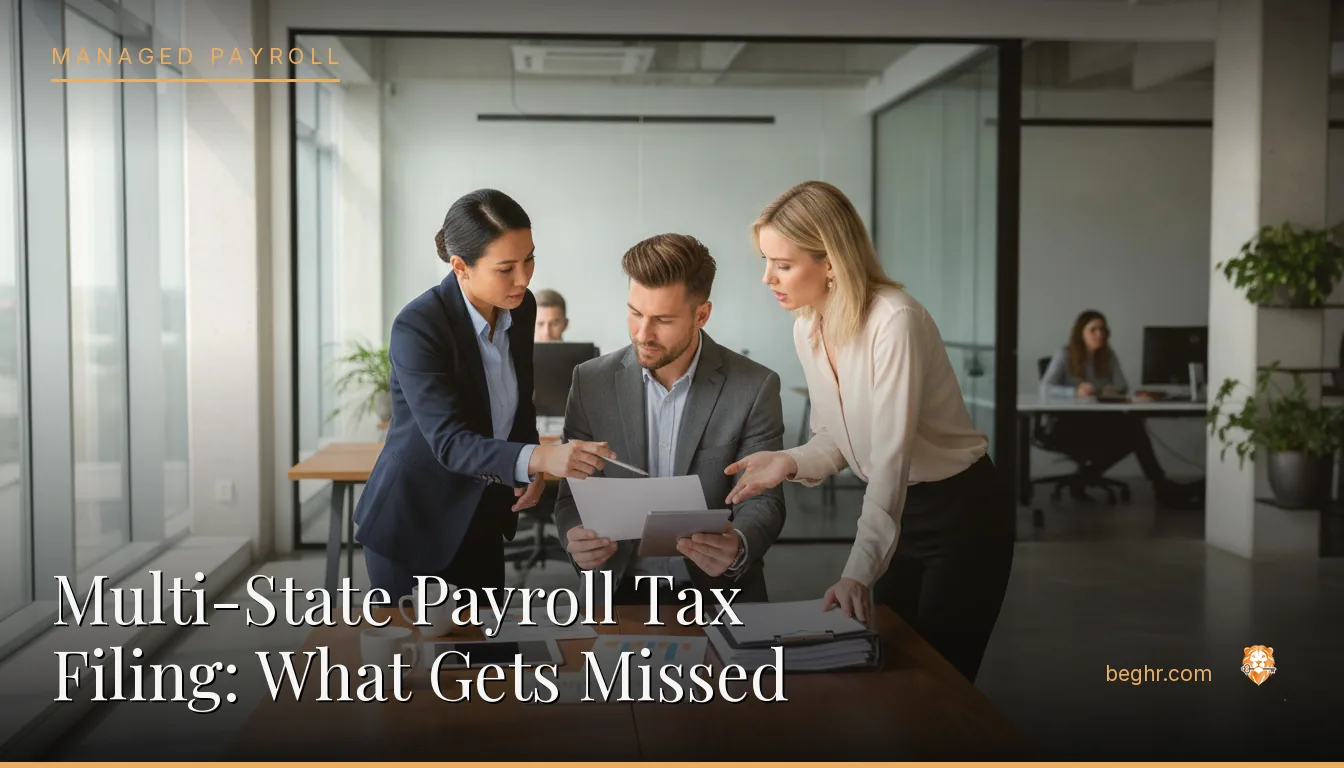 Business professionals reviewing payroll and HR documents in a bright modern office