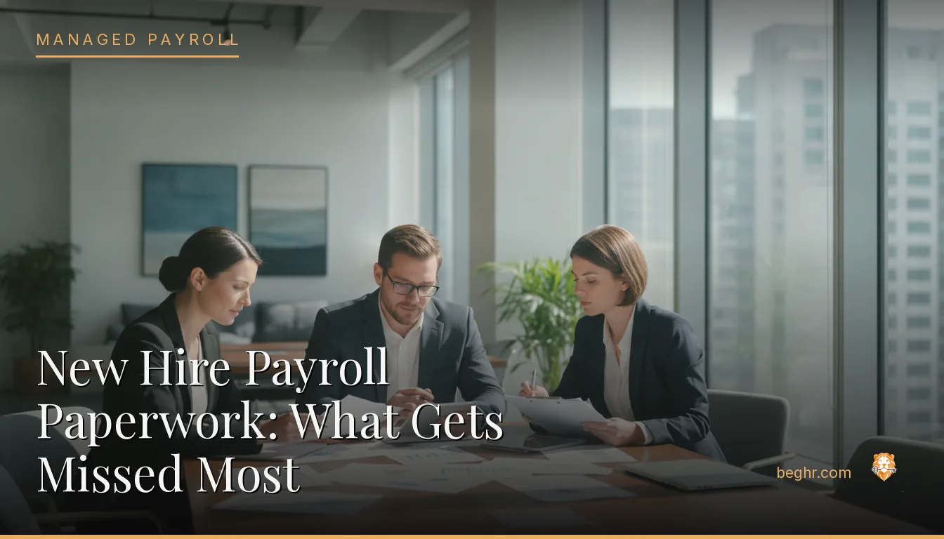 Business professionals reviewing payroll and HR documents in a bright modern office